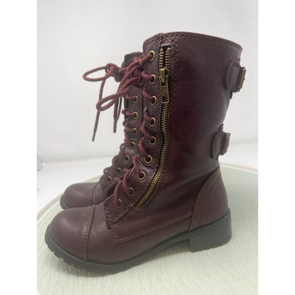 Soda Lace Up Combat Motorcycle Riding Boots Women 5 Buckle Burgundy Red Military - Picture 5 of 8